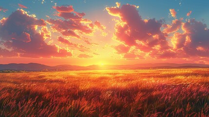 Wall Mural - Illustration tranquil scene of golden fields stretching to the horizon, with a warm, colorful sunset.