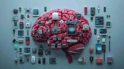 Wall Mural - Hyper realistic brain composed of various interconnected digital devices, illustrating tech-driven creativity