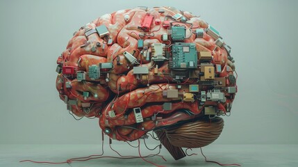 Poster - Hyper realistic brain composed of various interconnected digital devices, illustrating tech-driven creativity