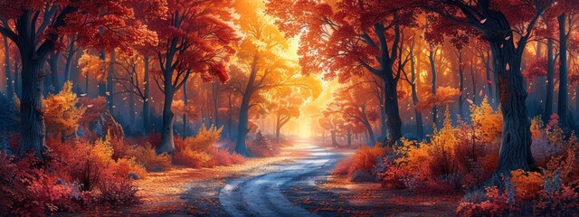 Wall Mural - Illustration dense forest in autumn, with trees showcasing a spectrum of fall colors from deep red to bright yellow, and a winding path covered in fallen leaves.