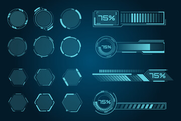 Aufkleber - Digital technologies UI, UX. Futuristic HUD, FUI, virtual interface. Futuristic information templates. Callouts, headers and borders in Cyberpunk style. Science fiction.
