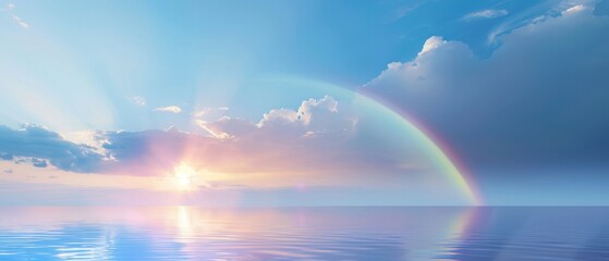 Wall Mural - A rainbow is seen in the sky above a calm body of water