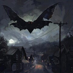 Mothman over the small American town. Illustration based on the urban legend of Point Pleasant