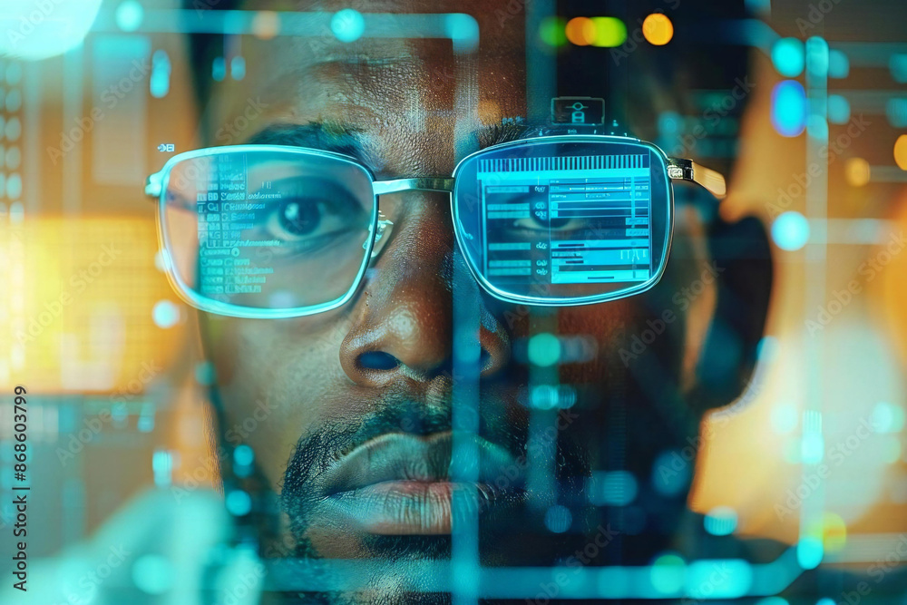 Beautiful African American man wearing eyeglasses checking online ...