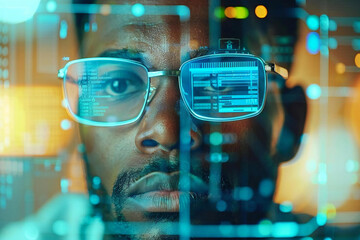 Poster - Beautiful African American man wearing eyeglasses checking online digital e-invoice statement on a convertible laptop with holographic screens.