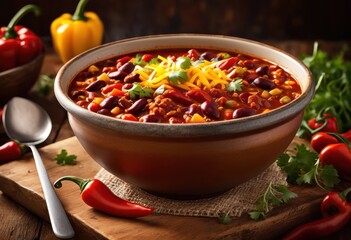 Wall Mural - hearty chili rustic bowl comforting meal experience, spicy, red, beans, beef, tomato, delicious, hot, traditional, soup, lunch, dinner, cooking, savory, wooden