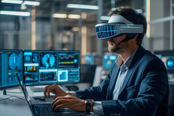 Poster - Futuristic financial auditor using AI-powered software on holographic hybrid laptop in sleek modern office setting.