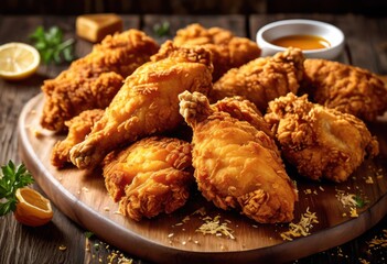 crispy golden fried chicken placed wooden board, delicious, snack, preparation, cooking, homemade, tasty, crunchy, fresh, poultry, meat, savory, appetizing,
