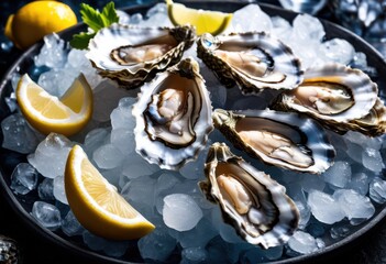 Wall Mural - glistening fresh oysters resting chilled bed seafood delicacy presentation, ice, marine, raw, shellfish, snack, tasty, appetizer, cuisine, delicious, gourmet, luxury,