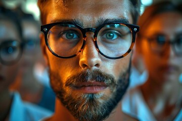 Wall Mural - futuristic ai-assisted sign language video conference with beautiful persons wearing eyeglasses and 