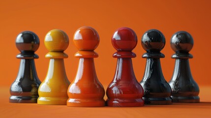 Wall Mural - A row of chess pieces with different colors, including black, red, yellow