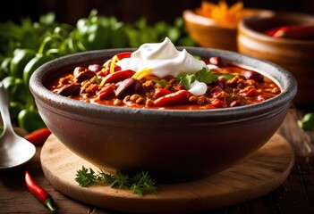 Wall Mural - steaming hearty chili served rustic bowl wooden table, food, hot, delicious, comfort, meal, homemade, cooked, savory, cuisine, dish, lunch, dinner, warm