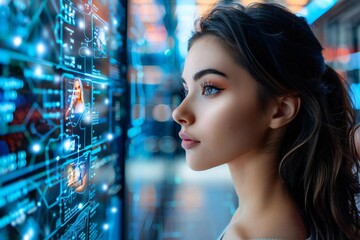 Poster - Beautiful graphic designer woman with holographic screens and AI assistance editing photos on a futuristic computer display.