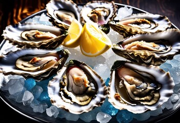 Wall Mural - exquisite oysters glistening half luxurious seafood delicacy presentation, shell, shells, gourmet, fresh, raw, bar, restaurant, appetizer, elegant, upscale