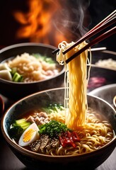 Wall Mural - steaming ramen bowl traditional japanese noodle dish serving handleless utensils, chopsticks, hot, noodles, cuisine, meal, food, delicious, asian, lunch
