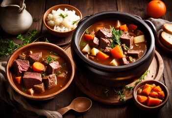 hearty beef stew tender chunks meat rich savory top view, broth, tasty, traditional, rustic, flavorful, appetizing, recipe, dish, cuisine, gourmet