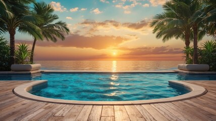 Podium stand in luxury swimming pool water with sea and sunset view.Hotel resort poolside backdrop. Summer background of tropical design product placement display.