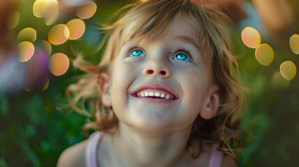 Sticker - The toddler with electric blue eyes and surfer hair is smiling happily, gazing up at the sky with a sense of wonder and innocence, surrounded by lush green grass