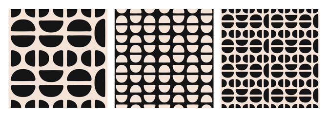 Poster - Modern set of abstract geometric seamless patterns with semi circles and circles. Black and white colors. Vector illustration