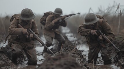 A group of soldiers trudged through a muddy field