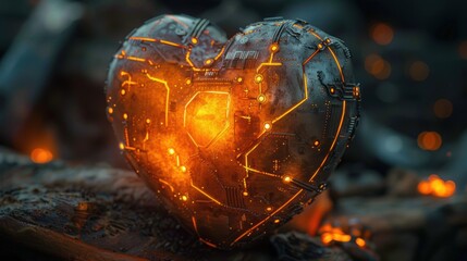 Iron heart decorated with yellow glowing electrical circuits