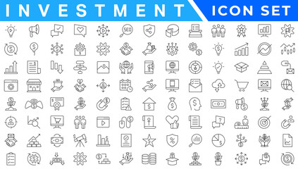 Investment icon set. Containing investor, mutual fund, asset, risk management, economy, financial gain, interest and stock icons. Solid icon collection.