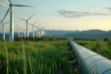 A long pipeline is surrounded by a field of grass