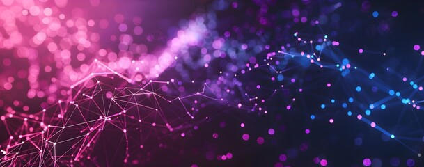 Abstract background with polygonal mesh lines and dots, creating an abstract digital landscape. The design features geometric shapes in shades of pink and blue on dark purple. In the center is an illu