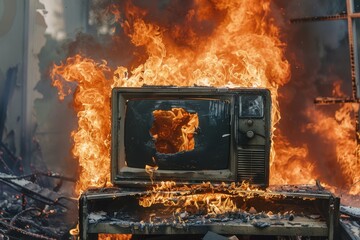 Intense fire consumes television in home, creating a scene of destruction and flames