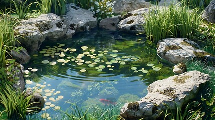 Wall Mural - A fish pond near small stone with grass very detailed and realistic shape