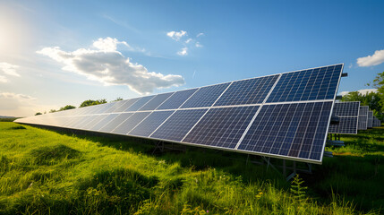 Solar panel array in green field, blue sky background
