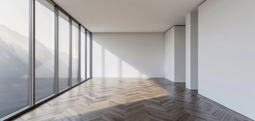 Poster - Parquet floor and white walls in a modern empty room, large panoramic window on left.