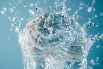 Poster - A brain is floating in a pool of water. The water is splashing around the brain, creating a sense of movement and energy. The brain is surrounded by a blue background, which adds to the calming