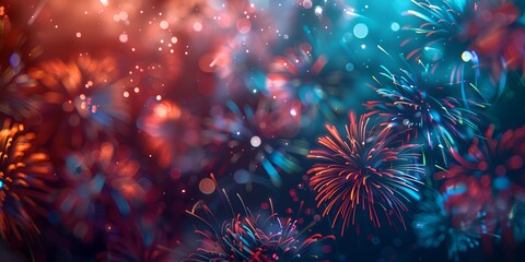 Poster - A colorful fireworks display with a lot of red, blue, and green. The fireworks are scattered throughout the image, with some in the foreground and others in the background