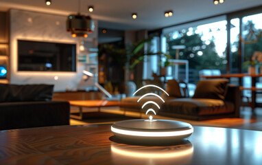 Central WiFi device spreading signals throughout a modern living room, showcasing a high-tech and ultra-realistic setting.