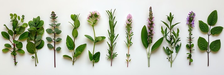 A row of herbs and spices are lined up on a white background. The herbs include parsley, basil, and mint. The spices include rosemary, thyme, and oregano