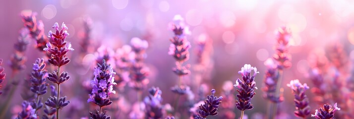 Wall Mural - A field of purple lavender flowers with a pink background. The flowers are in full bloom and the scene is serene and peaceful