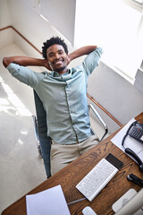 Canvas Print - Black man, portrait and relax with break above for completion, done or finished at office. Top view of young African or business employee sitting back in satisfaction or confidence for job success