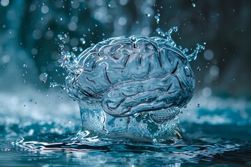 Poster - A brain is floating in a body of water. The water is blue and the brain is surrounded by ripples
