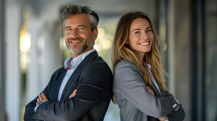 Teamwork Triumph  A successful businessman and businesswoman stand back  to  back, arms crossed, smiling confidently at the camera  The scene reflects the strength of collaboration and the power of sh