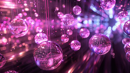 Wall Mural - Pink and purple disco balls hanging from the ceiling with a blurred background of pink and purple lights.