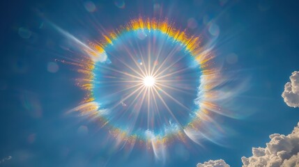 Sticker - Sundog phenomenon with bright halos and colorful arcs around the sun, framed by a clear blue sky, creating an ethereal and captivating atmospheric display.