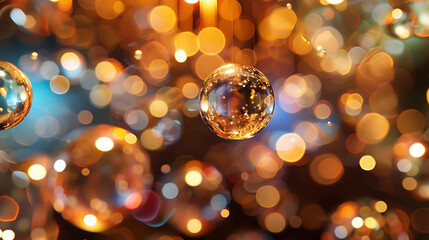 Wall Mural - Elegant golden and blue Christmas balls hanging in front of a blurred background of golden lights.