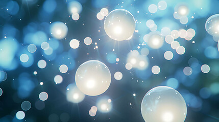 Wall Mural - Background with blue and white glowing lights. Glowing particles and bubbles.