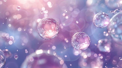 Wall Mural - Floating pink and blue bubbles on a purple background with a soft focus.