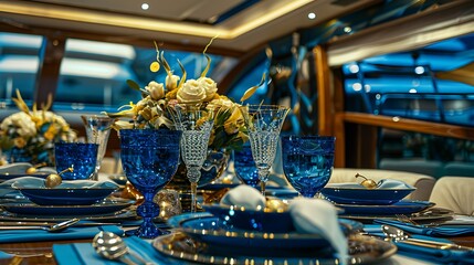 Wall Mural - A lavish yacht food setup with blue plates glasses and a bouquet of flowers very detailed and realistic shape