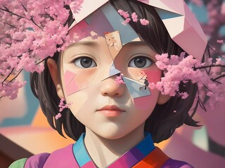 Wall Mural - A girl with a face made of paper cutouts. The girl has a blue eye and a pink flower on her face, sakura tree background, cubys, triangle, face anime