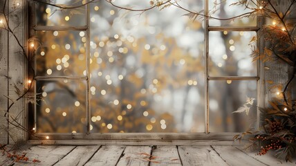 Wall Mural - A window with a view of trees and a lighted window sill. Scene is warm and cozy, with the lighted window sill adding a touch of holiday cheer