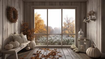 Wall Mural - A room with a window and a wreath on the wall. The room is decorated with autumn leaves and pumpkins