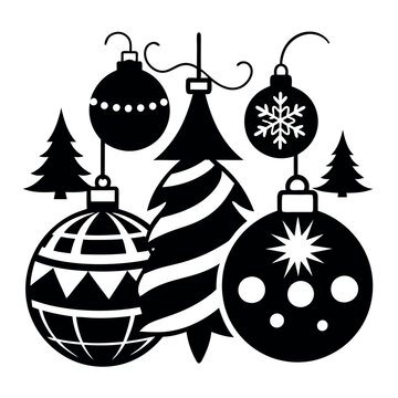 Christmas ball coloring sheets in vector black and white including a toy Christmas tree